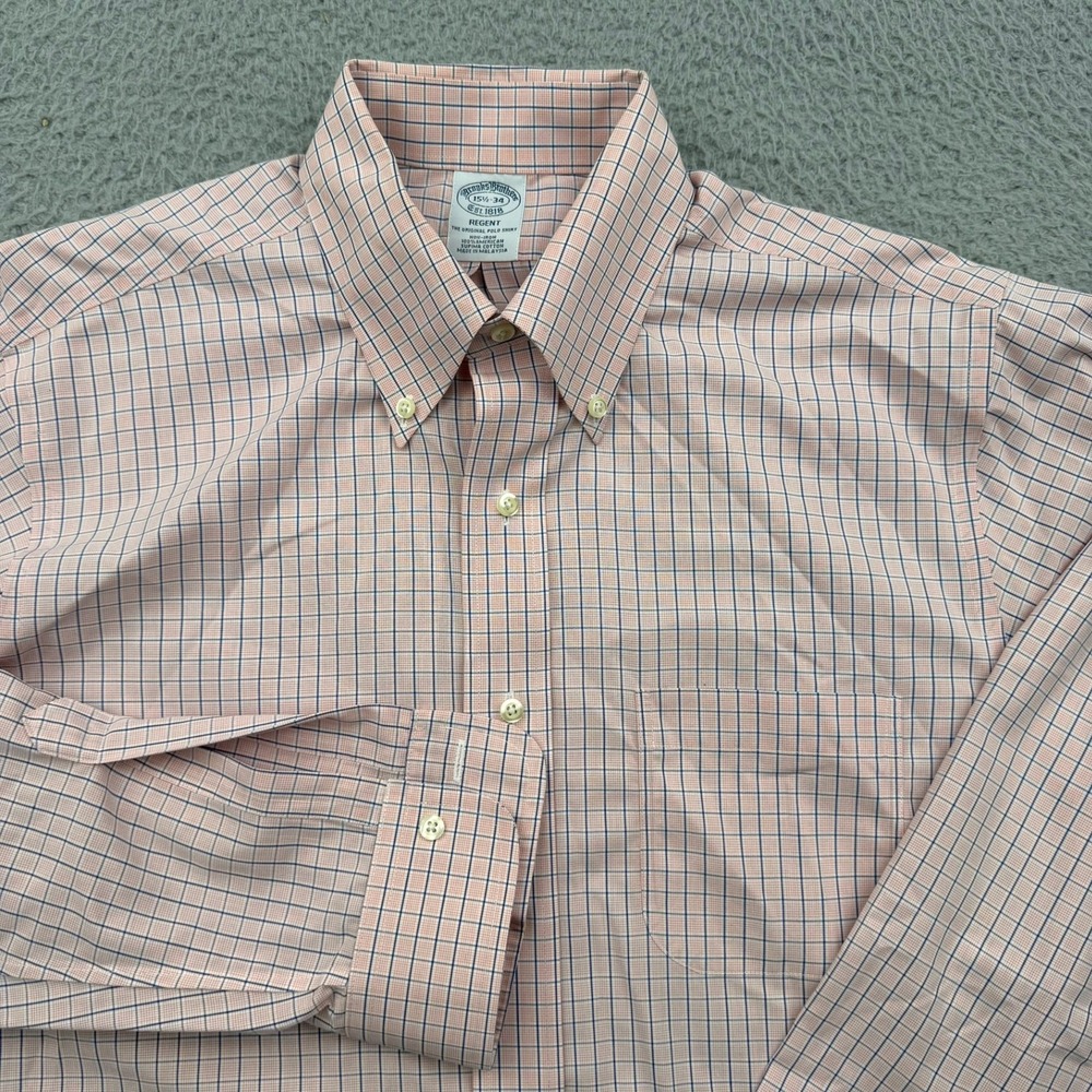 Brooks Brothers Dress Shirt Mens 15.5 34 Peach Blue Regent Non-Iron Tattersall